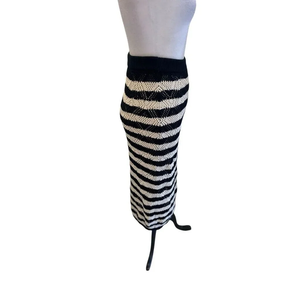 Freshman 1996 Women's Striped Crochet Knit Maxi Skirt Black Beige Small